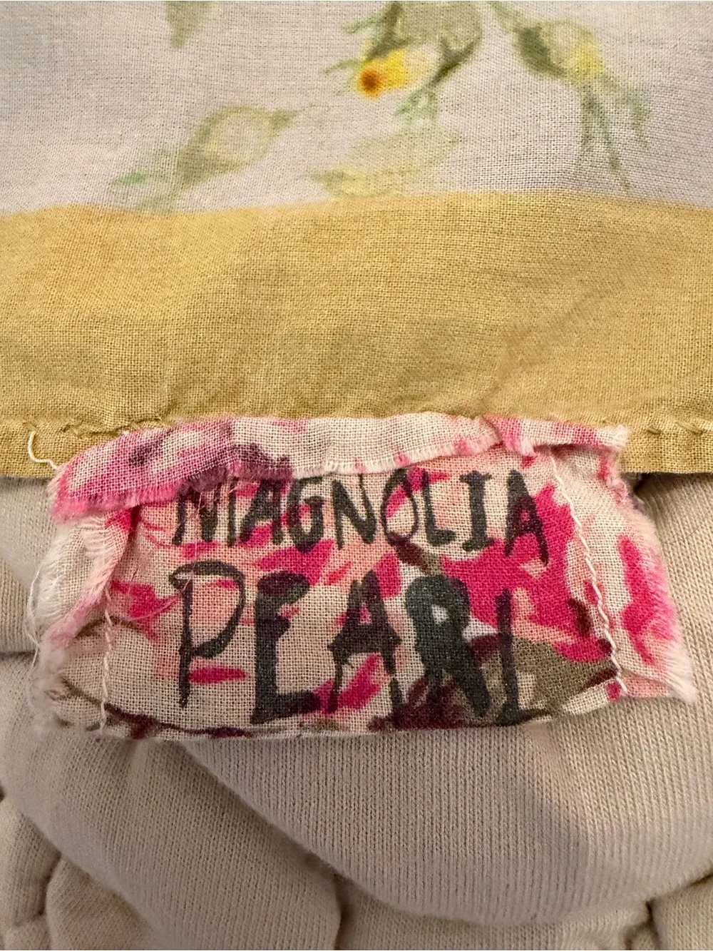 Magnolia Pearl Cream Scarf with Yellow Stripe and Pink Floral Tag - Picture 3 of 3